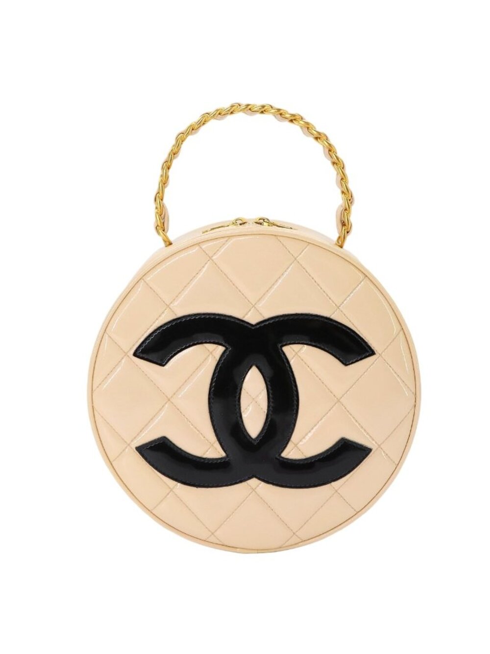 Chanel Quilted Round Vanity Handbag Patent Leather Beige Vintage Gold